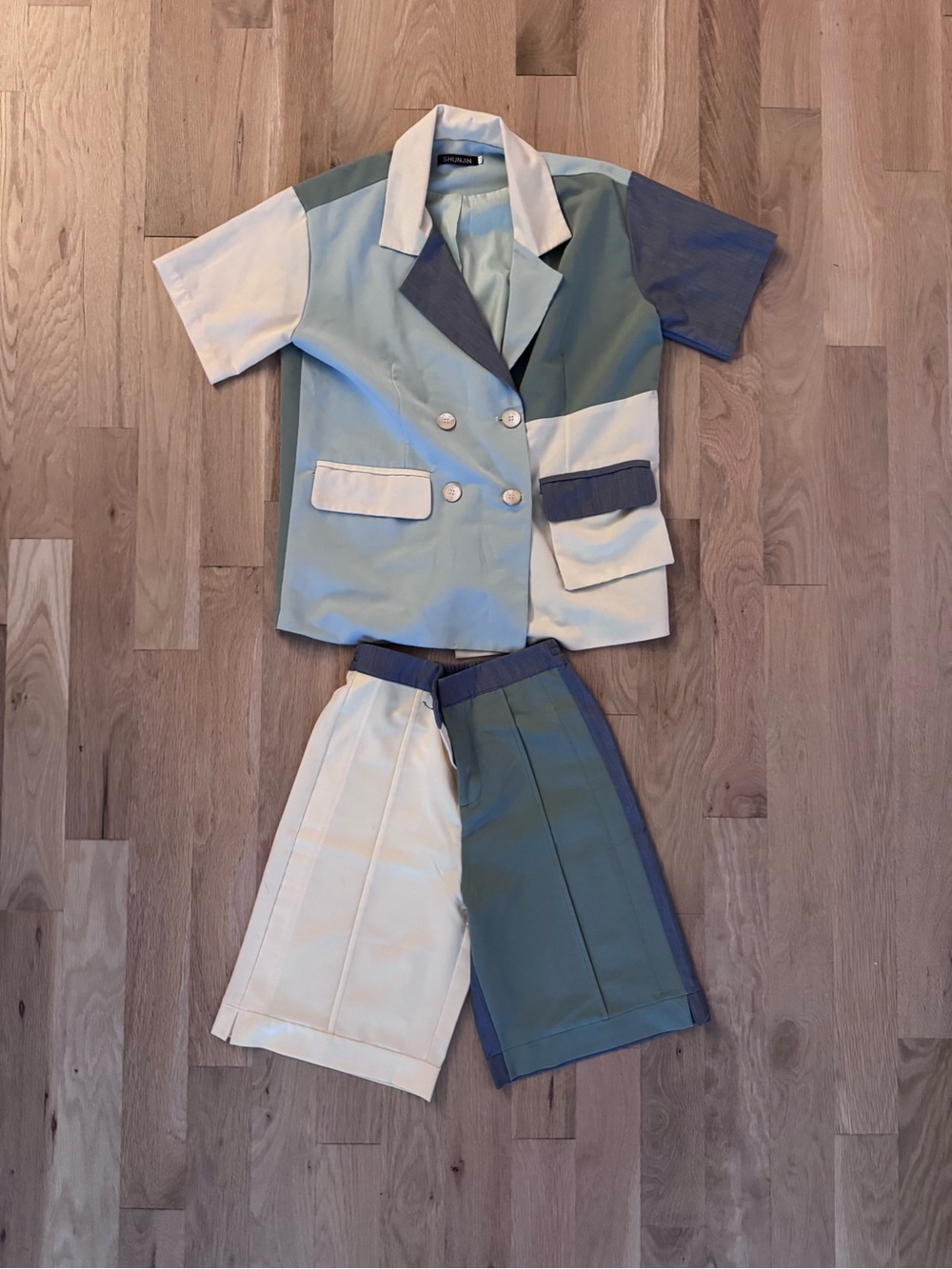 Colorblock Short Suit Set in Cream, Sage, and Slate